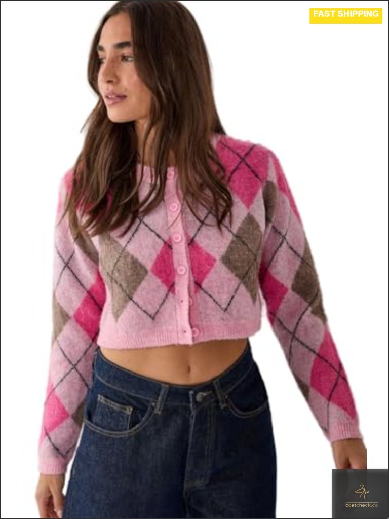 Brushed Argyle Cropped Cardigan - Boxy Fit, Button Closure
